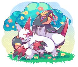  commentary_request fangs flower grass halftone no_humans oerba_yun_fang pokemon pokemon_(creature) seviper simple_background takashino_(noni-nani) tree white_background zangoose 