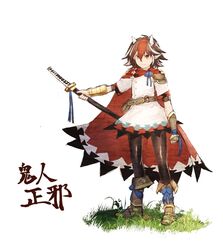  adapted_costume alternate_costume bag belt boots brown_hair brown_pantyhose cape character_name clip_studio_paint_(medium) commentary_request cone_horns dress female full_body gauntlets horns katana kijin_seija kinketsu multicolored_hair orange_eyes pantyhose pointy_ears red_hair short_hair short_sleeves simple_background smile solo sword touhou weapon white_background white_hair white_horns 