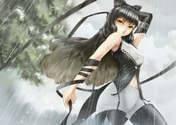  black_hair blake_belladonna commentary_request elbow_gloves female gloves long_hair navel rain rwby ryouku single_glove solo yellow_eyes 