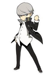  1boy gakuran grey_eyes grey_hair highres houndstooth male_focus narukami_yuu official_art oribe_hanako persona persona_4 persona_q2:_new_cinema_labyrinth persona_q_(series) ringed_eyes school_uniform shirt solo source_request untucked_shirt yasogami_school_uniform 