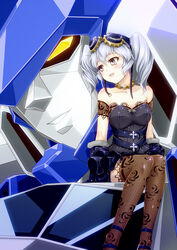  :d bare_shoulders blush choker collarbone commentary_request female gaine goggles goggles_on_head gothic_lolita grey_hair highres lolita_fashion mecha nine_(super_robot_wars) open_mouth robot sitting smile super_robot_wars super_robot_wars_v thighhighs twintails yakisoba_(kaz2113) yuusha_series yuusha_tokkyuu_might_gaine 