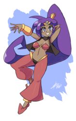  bad_id bad_tumblr_id bandeau big_hair bigdead blue_eyes breasts choker dark-skinned_female dark_skin earrings female forehead_jewel full_body harem_pants highres hoop_earrings jewelry long_hair medium_breasts pants pointy_ears pointy_footwear ponytail purple_hair shantae shantae_(series) shantae_and_the_pirate&#039;s_curse shoes smile solo thick_eyebrows tiara very_long_hair vest 