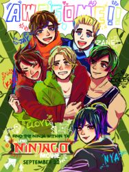  5boys black_hair blonde_hair blunt_bangs brother_and_sister brown_hair closed_eyes cole_(ninjago) commentary_request female hair_over_one_eye hug icchii_(07290424) jay_(ninjago) kai_(ninjago) lloyd_garmadon multiple_boys ninjago nya_(ninjago) ponytail scar short_hair siblings silver_hair smile spiked_hair the_lego_group the_ninjago_movie thick_eyebrows zane_(ninjago) 