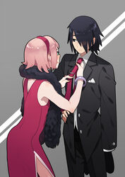  1boy adjusting_clothes adjusting_necktie amputee black_hair boruto:_naruto_the_movie bracelet commentary dress dressing_another feather_boa female formal hair_over_one_eye husband_and_wife jewelry luo. naruto_(series) necktie pink_hair red_dress sakura_haruno short_hair side_slit suit tie_clip uchiha_sasuke 