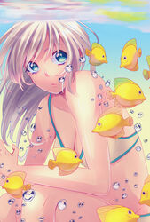  air_bubble bad_id bad_pixiv_id bikini blonde_hair bubble female fish green_eyes holding_breath long_hair original solo sterilizedgauze-qhx swimsuit underwater water white_bikini 