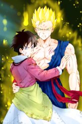  1boy abs angry bad_id bad_pixiv_id black_hair blonde_hair blood blood_on_face blue_eyes couple dougi dragon_ball dragon_ball_z female highres injury muraosa_(conjecture) muscular one-armed_hug short_hair son_gohan spiked_hair straight super_saiyan super_saiyan_1 videl 