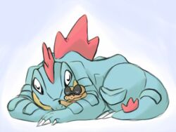  4:3 alpacapala ambiguous_gender closed_eyes crocodilian cuddling duo feral feraligatr generation_2_pokemon generation_5_pokemon nintendo pokemon pokemon_(species) reptile sandile scalie simple_background size_difference sleeping smile white_background 