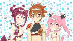  1boy 2girls :t ? armor bikini_armor blush breasts brown_eyes brown_hair carrie_alberta cleavage commentary_request demon_girl emelia_pris fingerless_gloves gloves hair_bun large_breasts midriff multiple_girls pink_eyes pink_hair pop-up_story red_hair selim_spark single_hair_bun speech_bubble spoken_squiggle squiggle twintails wings yaka_(ir_mc8a) 