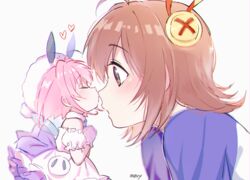  2girls ahoge bad_id bad_pixiv_id blush brown_eyes brown_hair chicchana_yukitsukai_sugar closed_eyes dress fairy fairy_wings frilled_dress frills hair_ornament hat heart kissing kissing_nose medium_hair mery_(yangmalgage) mini_person minigirl multiple_girls pink_hair saga_bergman short_hair sidelocks signature simple_background strapless strapless_dress sugar_(chicchana_yukitsukai_sugar) white_background white_dress wings yuri 