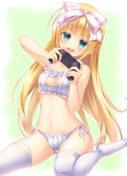  :d aqua_eyes bell blonde_hair bow bra cat_cutout cat_ear_panties cat_lingerie choker cleavage_cutout clothing_cutout commentary_request controller dualshock female game_controller gamepad hairbow highres long_hair mafuyun meme_attire navel neck_bell no_shoes open_mouth panties playstation_controller seitokai_no_ichizon shiina_mafuyu side-tie_panties smile solo stomach thighhighs underwear underwear_only v-shaped_eyebrows very_long_hair 