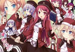  6+girls :d ascot blonde_hair blue_eyes blush book breasts brown_hair brown_skirt buttons character_request cleavage cowboy_shot hair_ornament hat hatano_ririko highres hinomiya_ayari kadone_makie kagami_yuko katayama_yoshiko konno_koharu ko~cha long_sleeves looking_at_viewer marcia_mcclellan medium_breasts multiple_girls open_mouth purple_eyes purple_hair red_hair saimon_eclair saimon_misumi siblings sisters skirt smile snowflakes sword tareme weapon witch&#039;s_garden witch_hat x_hair_ornament yukimura_akeno yukimura_suzuno 