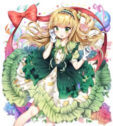  :d balloon blonde_hair bow bowtie cleavage_cutout clenched_hands clothing_cutout commentary dress female flower frilled_dress frills gloves green_bow green_bowtie green_dress green_eyes green_hairband hairband hairbow hand_on_own_cheek hand_on_own_face highres lemon_print lolita_fashion lolita_hairband long_hair looking_at_viewer md5_mismatch one_side_up open_mouth original print_dress red_ribbon resolution_mismatch ribbon rose short_sleeves sigi smile solo source_larger streamers symbol-only_commentary white_gloves 