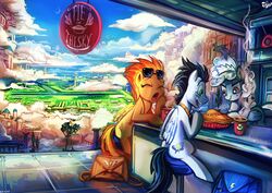  2015 bag beverage blue_body blue_feathers building cafe cloud cloudsdale coffee cutie_mark dessert detailed_background duo equid equine eyewear feathered_wings feathers female feral food friendship_is_magic furniture glasses goggles hasbro inside jowybean male mammal messenger_bag my_little_pony mythological_creature mythological_equine mythology open_mouth pastry pegasus pie rainbow sitting soarin_(mlp) spitfire_(mlp) steam stool sunglasses water waterfall wings wonderbolts_(mlp) yawn yellow_body yellow_feathers 