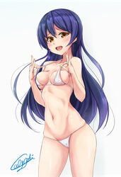  bikini blue_hair breasts ca_ba_ya_ki collarbone commentary_request cowboy_shot female highres long_hair looking_at_viewer love_live! love_live!_school_idol_project lowleg lowleg_bikini medium_breasts navel open_mouth signature simple_background smile solo sonoda_umi standing swimsuit white_background white_bikini yellow_eyes 