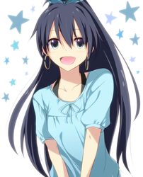  aqua_eyes black_hair commentary_request earrings female ganaha_hibiki idolmaster idolmaster_(classic) jewelry long_hair oerba_yun_fang open_mouth ponytail ribbon solo star_(symbol) yuki_(sangeki5806) 