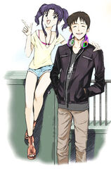  1boy adult ebba female hands_in_pockets headphones ikari_shinji jacket jewelry katsuragi_misato necklace neon_genesis_evangelion older role_reversal shorts young younger 