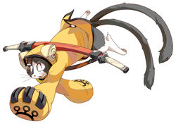  2011 2_tails anthro arc_system_works asian_mythology blazblue clothing cover cover_art disembodied_leg east_asian_mythology eye_patch eyewear felid feral harusuke japanese japanese_mythology jubei_(blazblue) kaka_(blazblue) male mammal melee_weapon multi_tail mythology nekomata pawpads paws simple_background solo tail weapon white_background yokai 