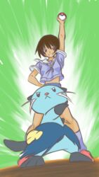  9:16 alpacapala ambiguous_gender black_hair blue_body blue_fur breasts brown_eyes dewott duo female fur generation_5_pokemon hair holding_object holding_pokeball human mammal mustelid nintendo pokeball pokemon pokemon_(species) pokemon_trainer size_difference smile standard_pokeball standing teeth whiskers 