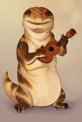  anthro blue-tongued_skink claws lizard looking_at_viewer lute male musical_instrument playing_music plucked_string_instrument red_eyes reptile scales scalie skink slightly_chubby solo string_instrument trip_(artist) ukulele 