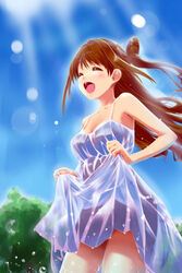  :d blush brown_hair closed_eyes commentary_request dress female half_updo idolmaster idolmaster_cinderella_girls long_hair open_mouth partially_submerged photoshop_(medium) shimamura_uzuki skirt_hold smile solo t-hiko water wet wet_clothes 