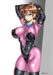  arms_behind_head arms_up blaccura black_thighhighs blue_eyes bodysuit breasts brown_hair commentary_request covered_nipples earrings elbow_gloves female g_gundam gloves gundam hairband highres jewelry large_breasts looking_at_viewer mobile_trace_suit necklace pink_bodysuit puffy_nipples rain_mikamura shiny_clothes short_hair skin_tight solo thighhighs thighs twitter_username 