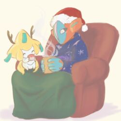  1:1 alpacapala ambiguous_gender antlers bedding beverage blanket blush chair christmas christmas_clothing christmas_headwear closed_eyes clothing container cup deoxys duo food furniture generation_3_pokemon hat headgear headwear holding_container holding_cup holding_object holidays horn humanoid jirachi legendary_pokemon mouthless nintendo normal_forme_deoxys pokemon pokemon_(species) santa_hat sitting size_difference sweater topwear 