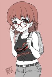  adjusting_eyewear alisa_(girls_und_panzer) alternate_hairstyle artist_name backpack bag belt bespectacled black_belt black_eyes black_shirt black_tank_top brown_background brown_hair casual clothes_writing collarbone commentary cowboy_shot dated denim female freckles fujimaru_arikui girls_und_panzer glasses grey_pants hair_down holding_strap jeans light_frown looking_at_viewer midriff navel one-hour_drawing_challenge open_mouth pants print_shirt red-framed_eyewear shirt short_hair signature simple_background solo standing sweatdrop tank_top 