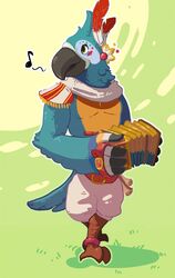  avian bandoneon bird blush bottomwear breath_of_the_wild clothed clothing feathers hi_res holding_musical_instrument holding_object kass_(tloz) mammal multicolored_body multicolored_feathers musical_instrument nintendo pants psydoux rito scarf solo standing the_legend_of_zelda yellow_eyes 