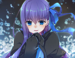  :d black_coat blue_eyes blush bubble coat commentary_request fate/extra fate/extra_ccc fate_(series) female hair_ribbon inose_riku long_hair looking_at_viewer meltryllis_(fate) open_mouth purple_hair ribbon sleeves_past_wrists smile solo upper_body 