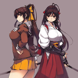  2girls antenna_hair armor back-to-back black_hair bokken breasts brown_eyes brown_hair commentary_request dougi fingerless_gloves gloves hakama hakama_skirt headband highres hip_vent japanese_armor japanese_clothes kiribayashi_azumi kote large_breasts long_hair mil_(xration) miniskirt mitsurugi_ryouko multiple_girls obi pleated_skirt polearm ponytail real_bout_high_school red_eyes sash school_uniform serafuku skirt smile sword weapon wooden_sword yellow_skirt 