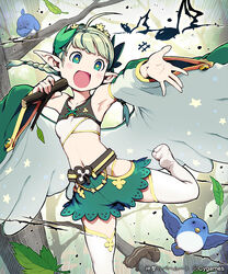  :d ahoge bad_id bad_pixiv_id bad_singing bird blush braid branch eighth_note feet female flower green_eyes green_hair hair_flower hair_ornament len_(a-7) music musical_note navel open_mouth photoshop_(medium) pointy_ears polka_(shingeki_no_bahamut) sharp_sign shingeki_no_bahamut singing sixteenth_note smile socks soles star-shaped_pupils star_(symbol) symbol-shaped_pupils thighhighs tree twin_braids white_legwear 