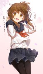  :d alternate_legwear anniversary brown_hair colorized commentary_request cuon_(kuon) female folded_ponytail heart-shaped_lock heart_lock_(kantai_collection) highres ikameshi_(ika_meshi) inazuma_(kancolle) jewelry kantai_collection locket long_hair looking_at_viewer open_mouth pantyhose pendant petals school_uniform serafuku skirt smile solo translated 