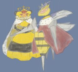  alpacapala arthropod cape clothing crown duo female feral generation_4_pokemon generation_6_pokemon headgear hymenopteran insects king male mega_beedrill mega_evolution nintendo pokemon pokemon_(species) queen red_eyes royalty simple_background stinger tiara vespiquen 