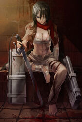  abs bandages barefoot black_hair blood blue_eyes breasts cleavage commentary_request female injury medium_breasts mikasa_ackerman norio_(mirimiri) photoshop_(medium) sarashi shingeki_no_kyojin short_hair solo sprain sword three-dimensional_maneuver_gear weapon 