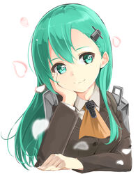  aqua_eyes aqua_hair commentary_request female hand_on_own_face kantai_collection long_hair max_melon petals smile solo suzuya_(kancolle) uniform upper_body 