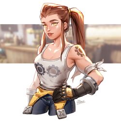  armband artist_name backlighting black_gloves breasts brigitte_(overwatch) brown_eyes brown_hair cleavage commentary cropped_legs denim english_commentary female freckles gloves highres jeans long_hair looking_at_viewer medium_breasts overwatch overwatch_1 pants ponytail ravee_of_titans shoulder_tattoo sidelocks smile solo tank_top tattoo thick_eyebrows toned 