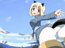  animal_ears ass blonde_hair blush commentary_request elma_leivonen extra_ears female flying from_behind green_eyes highres lens_flare looking_back military military_uniform open_mouth pantyhose reaching short_hair snow solo strike_witches:_suomus_misfits_squadron striker_unit tail tokiani uniform weasel_ears weasel_girl weasel_tail white_pantyhose world_witches_series 