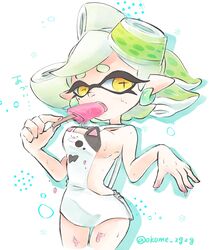  +_+ breasts commentary_request earrings eating female food food_on_head grey_hair highres inkling jewelry marie_(splatoon) mole mole_under_eye object_on_head okome_2g2g pointy_ears popsicle sideboob solo splatoon_(series) splatoon_1 suspenders sweat tentacle_hair twitter_username 