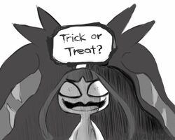  alpacapala ambiguous_gender creepy english_text generation_6_pokemon hair_mouth halloween holidays looking_at_viewer mega_evolution mega_mawile monochrome nintendo open_mouth pokemon pokemon_(species) sharp_teeth simple_background solo teeth text tongue 