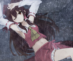  armpits ascot bow breasts brown_hair commentary_request crop_top detached_sleeves female frown hair_tubes hairbow hakurei_reimu hand_on_own_head huuyu_1z long_hair looking_at_viewer lying medium_breasts midriff navel on_back on_ground one_eye_closed rain red_eyes red_skirt ribbon-trimmed_sleeves ribbon_trim sideboob skirt skirt_set solo touhou wet wet_clothes 