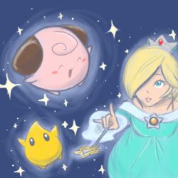  1:1 alpacapala ambiguous_gender blonde_hair blue_eyes blush breasts cleffa clothing crossover crown dress eyelashes female generation_2_pokemon group hair headgear human luma mammal mario_bros mouthless nintendo open_mouth pokemon pokemon_(species) rosalina_(mario) star super_mario_galaxy tiara waddling_head wand 