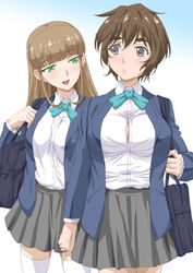  2girls :d aqua_bow aqua_bowtie arm_at_side bag black_hair blazer blue_background blue_jacket blunt_bangs blush bow bowtie breasts bursting_breasts button_gap buttons cleavage clenched_hand collared_shirt commentary_request eye_contact frown gradient_background green_eyes grey_eyes grey_hair grey_skirt hair_between_eyes half-closed_eyes hand_up head_tilt jacket kosokosomaru_(higashi_taishi) large_breasts legs_apart legs_together long_hair looking_at_another medium_breasts miniskirt miyazaki_yuu mizuno_nanatsu mole mole_under_mouth multiple_girls naughty_face open_clothes open_jacket open_mouth original pleated_skirt pocket school_bag school_uniform shirt short_hair sidelocks sideways_glance skirt smile standing straight_hair teeth thick_eyebrows thighhighs uniform upper_teeth_only very_long_hair white_background white_legwear white_shirt zettai_ryouiki 