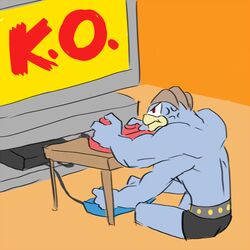  1:1 4_arms alpacapala clothed clothing electronics frustrated furniture generation_1_pokemon humanoid low_res machamp male multi_arm multi_limb muscular muscular_humanoid muscular_male nintendo pokemon pokemon_(species) red_eyes sitting solo table television topless 