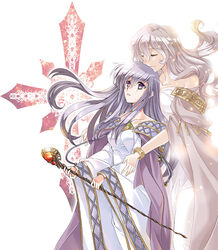  2girls bare_shoulders cape circlet closed_eyes collarbone commentary_request deirdre_(fire_emblem) dress fire_emblem fire_emblem:_genealogy_of_the_holy_war holding holding_staff hug hug_from_behind jewelry julia_(fire_emblem) light_purple_hair long_dress long_hair long_sleeves looking_at_another morozumi_junka mother_and_daughter multiple_girls photoshop_(medium) purple_eyes purple_hair simple_background smile staff tears white_background wide_sleeves wristband 