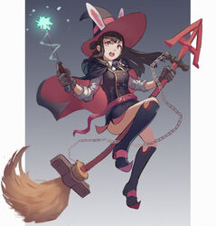  animal_ears boots broom brown_hair chains commentary_request doren ears_through_headwear female hat highres kagari_atsuko kemonomimi_mode knee_boots little_witch_academia long_hair luna_nova_school_uniform photoshop_(medium) rabbit_ears red_eyes school_uniform shooting_star_(little_witch_academia) simple_background skirt solo wand witch witch_hat 