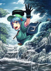  bag black_gloves blue_eyes blue_hair blue_sky breasts cloud commentary_request day female gloves h_kasei hair_bobbles hair_ornament hat invisible kawashiro_nitori key medium_breasts open_mouth optical_camouflage photoshop_(medium) river sky smile solo spell touhou tree two_side_up water 