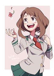  :d blush_stickers boku_no_hero_academia brown_eyes brown_hair commentary_request female flower green_skirt long_sleeves miniskirt necktie open_mouth pleated_skirt school_uniform short_hair sidelocks skirt smile solo u.a._school_uniform uraraka_ochako usagiumi 