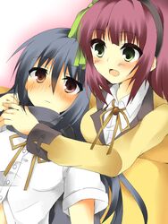  2girls absurdres akafuku_pukoemon alternate_costume angel_beats! bad_id bad_pixiv_id black_hair green_eyes highres hug long_hair multiple_girls nakamura_yuri purple_hair red_eyes scarf school_uniform shiina_(angel_beats!) short_hair 