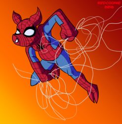  2018 absurd_res anthro arthropod_webbing clothing costume digital_drawing_(artwork) digital_media_(artwork) domestic_pig hi_res male mammal marvel mask pose redcoonie solo spider-ham spider-ham_(character) spider-man:_spider-verse spider-man_(series) suid suina superhero sus_(pig) web_swinging 