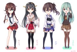  4girls :d ;o bare_shoulders black_hair boots braid brown_eyes brown_hair character_name chibi detached_sleeves gloves green_eyes green_hair hakama_skirt haruna_(kantai_collection) headgear japanese_clothes kaga_(kantai_collection) kantai_collection long_hair looking_at_viewer multiple_girls muneate necktie nikkunemu nontraditional_miko noshiro_(kantai_collection) one_eye_closed open_mouth pleated_skirt ribbon-trimmed_sleeves ribbon_trim rin_yuu sailor_collar school_uniform side_ponytail single_thighhigh skirt smile suzuya_(kantai_collection) thigh_boots thighhighs twin_braids twitter_username white_gloves yugake 